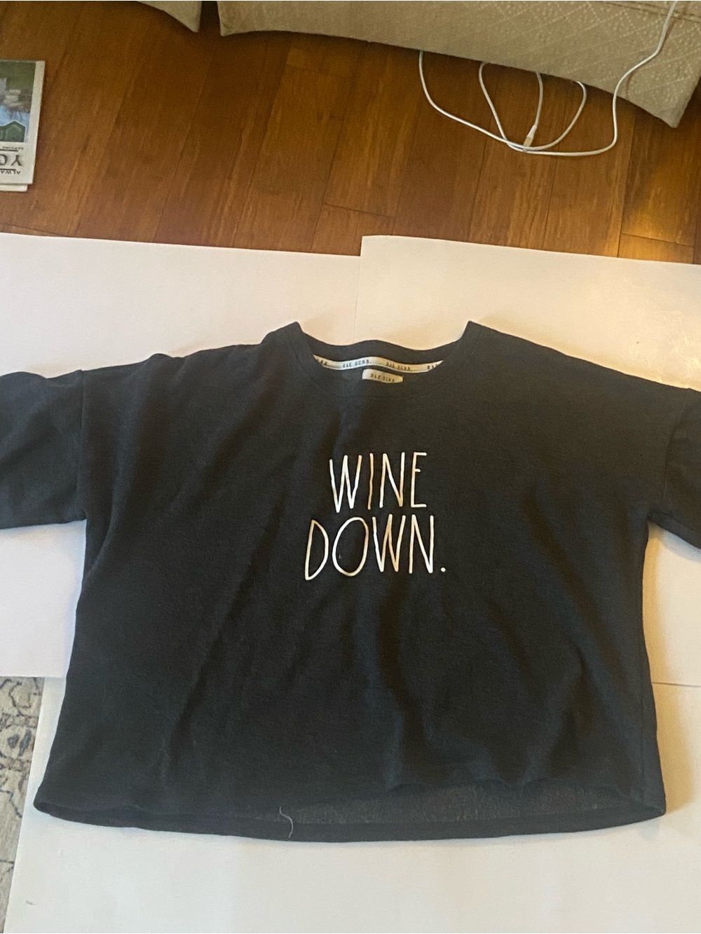 Rae Dunn Black Crewneck Sweatshirt with White "WINE DOWN." Print